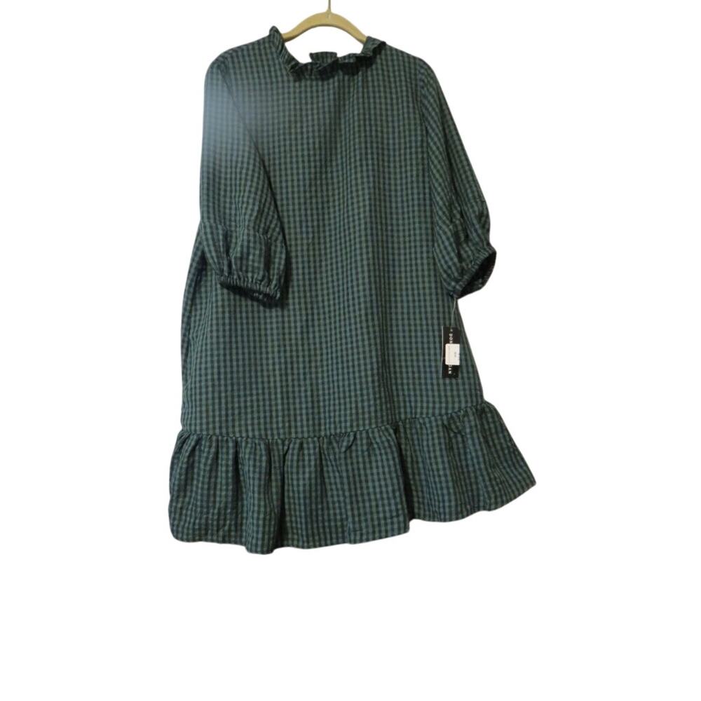 NWT Donna Morgan Size 14 Green Black Gingham Ruffle Neck Mini Dress Cottagecore